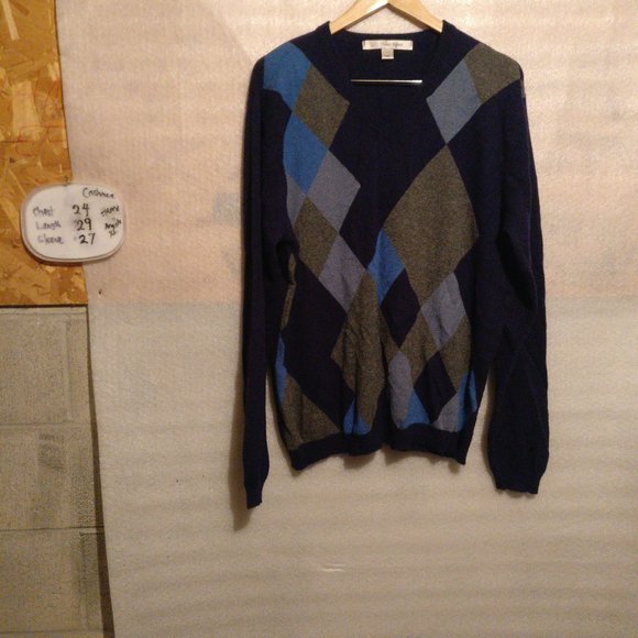 HARRY ROSEN Argyle Blue 100%CASHMERE Warm Pullover Sweater with Measurements L, - Picture 5 of 9